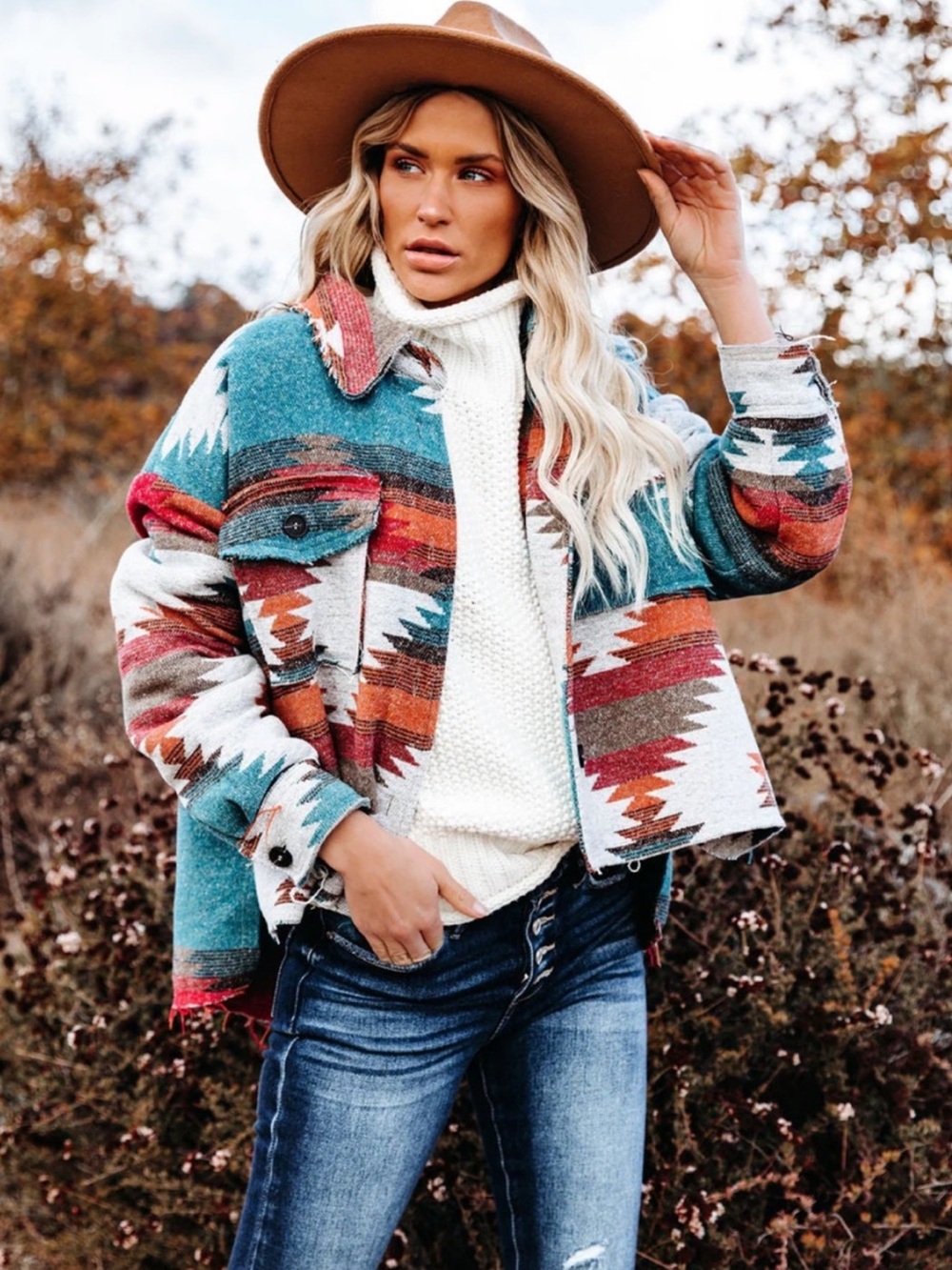 La Miel Zion Distressed Aztec Print Rust & Turquoise Shacket